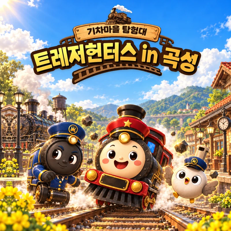 기차마을 탐험대, 트레저헌터스 in 곡성. 파란 하늘 아래 기차와 탐험대 캐릭터 세 명이 함께하는 모습.