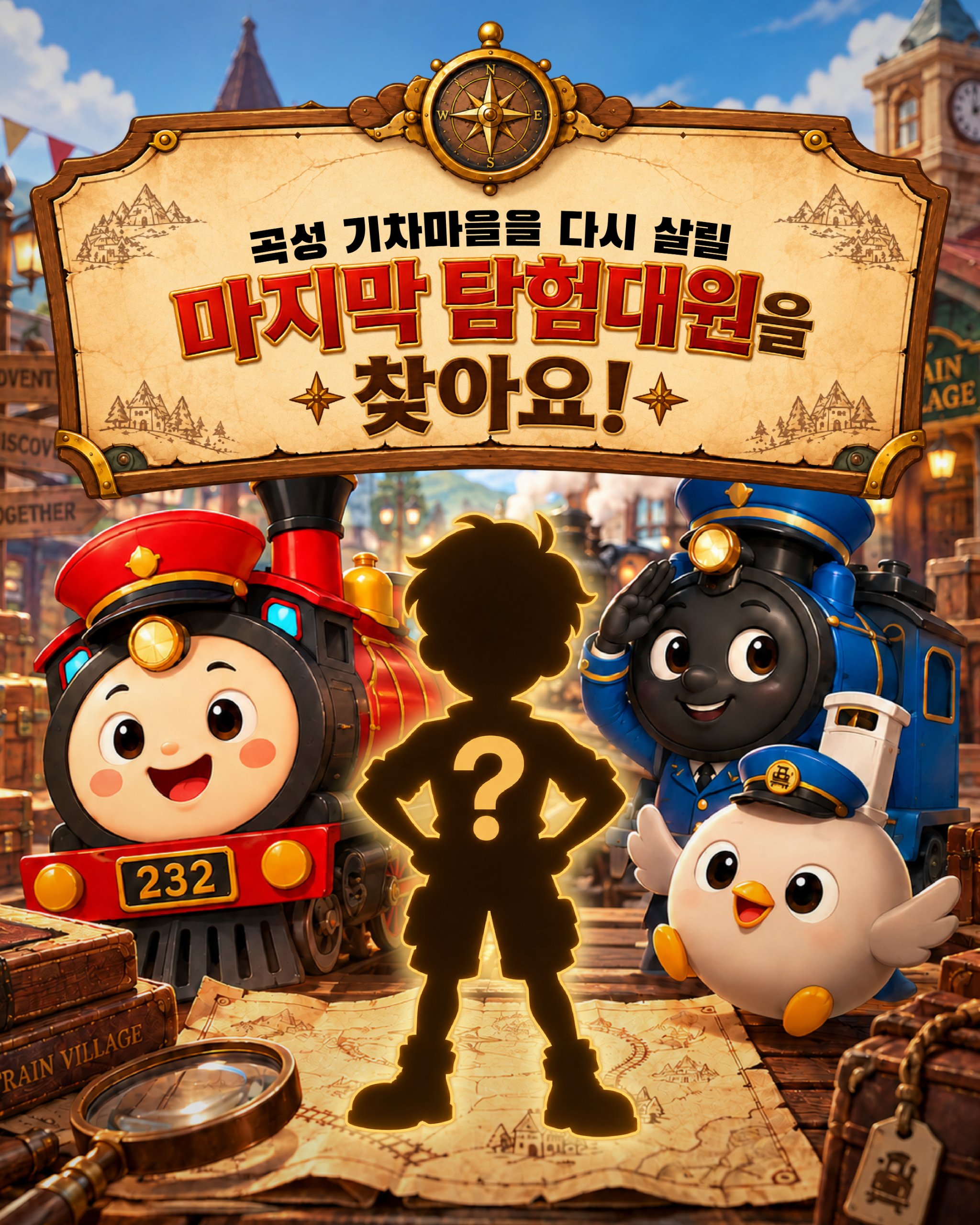 곡성 기차마을을 다시 살릴 마지막 탐험대원을 찾아요! 치치뿌뿌, 탄장이, 뿌우 사이에 물음표가 그려진 탐험대원 실루엣이 서 있는 포스터.